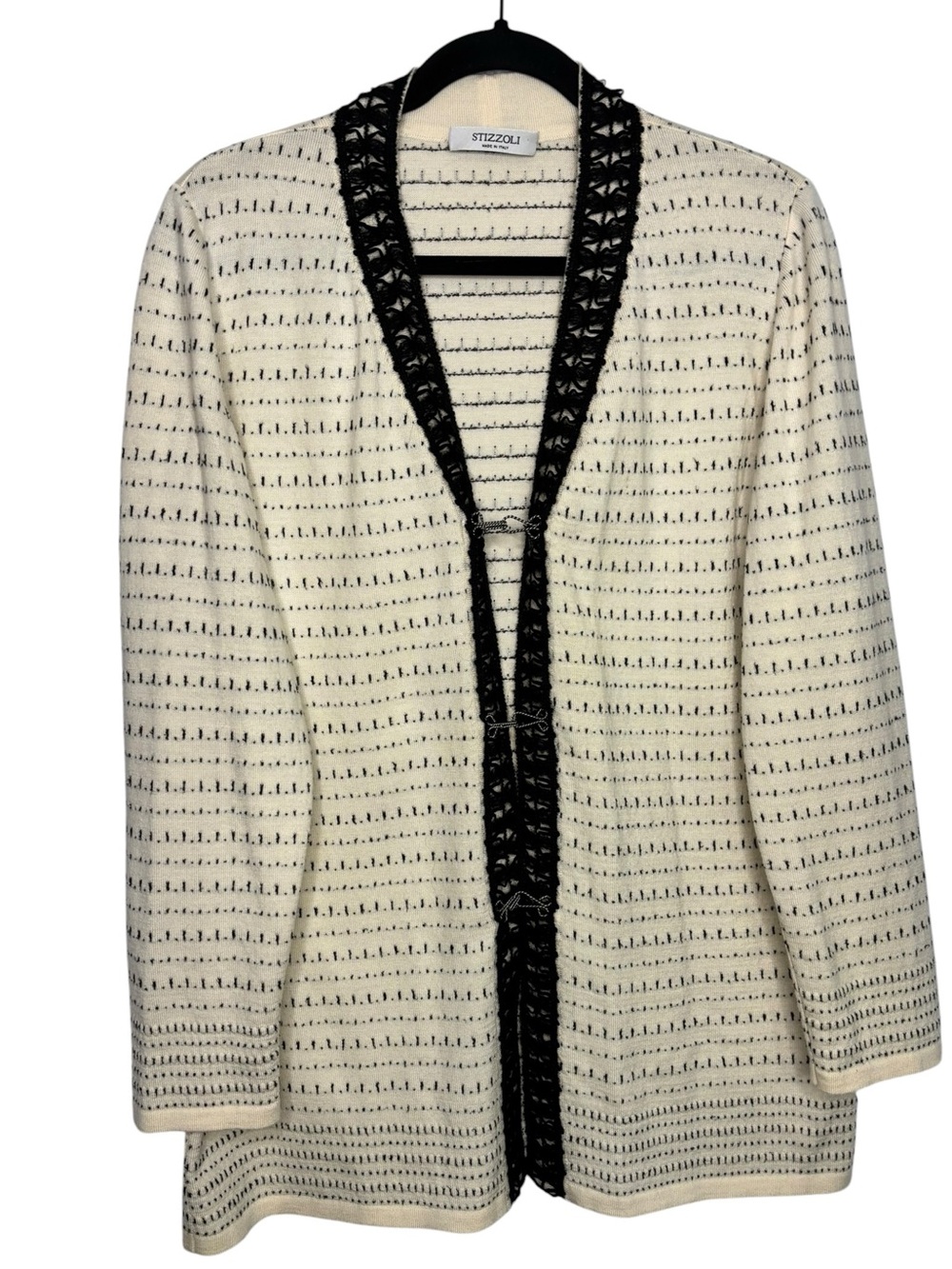 Stizzoli Italy Women’s Wool Blend Knit Cardigan Sweater Ivory Black Lace Trim 48